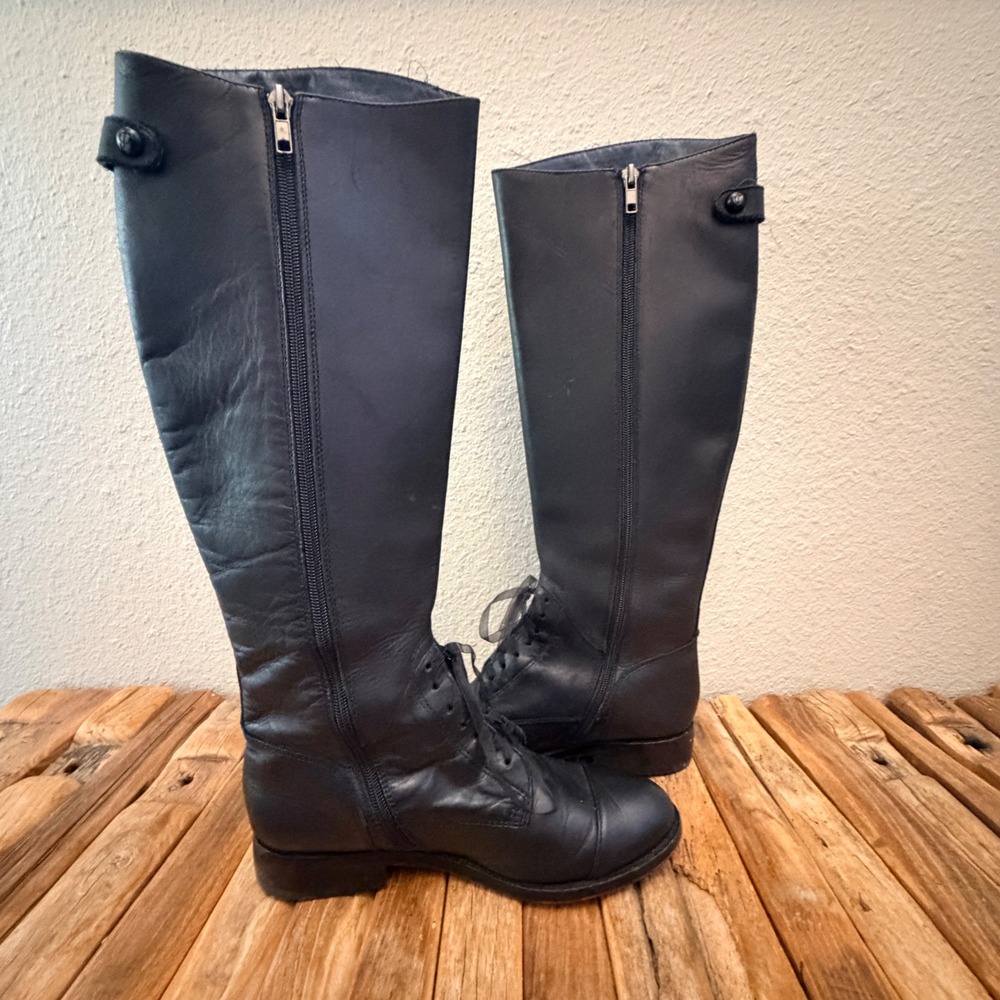 Juicy Couture Black Leather Lace Up Tall Riding Boots Vibram Red Sole Womens 8M